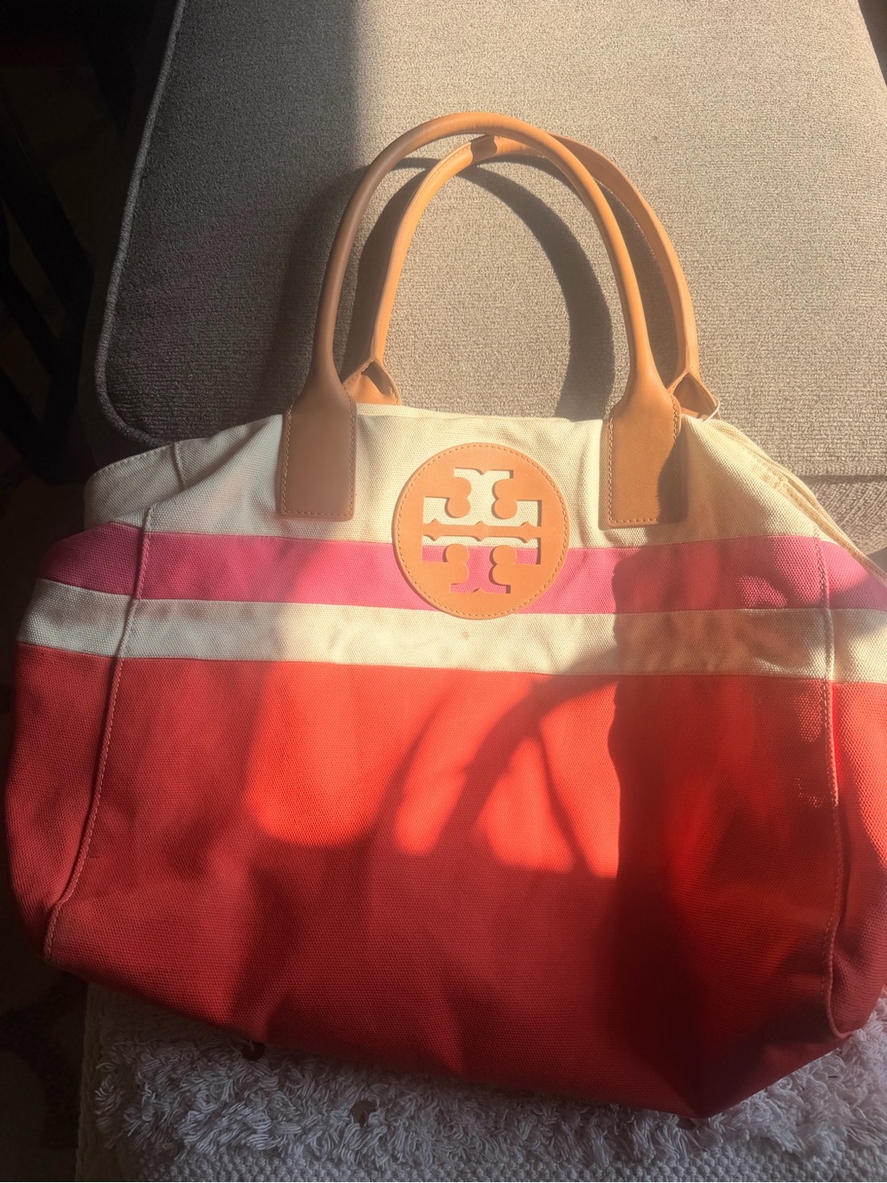 Tory Burch Dipped Beach Tote Natural Poppy Red Fiesta Canvas Leather Bag - Picture 3 of 13